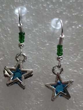 Hand Crafted Silver Star Earrings with Blue Centers and Green Beads